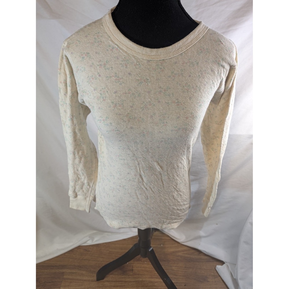Vintage Duofold Womens Thermal Shirt Medium Cream Floral Ditsy Print USA